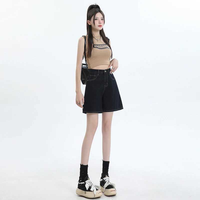 Womens Dark Blue High Waist Denim Shorts Loose Wide Leg Design Sense Niche Vintage Style M260319