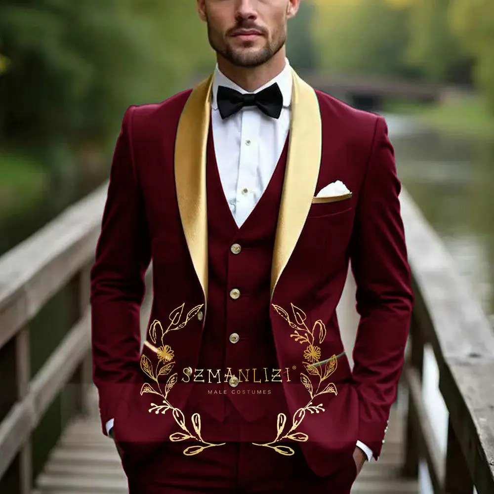 Oil Green Men Suit Business Tuxedo Formal Gold Satin Lapel Groom Groomsman Wedding Party Prom Male 3 Piece Set Blazer Vest Pants 260319