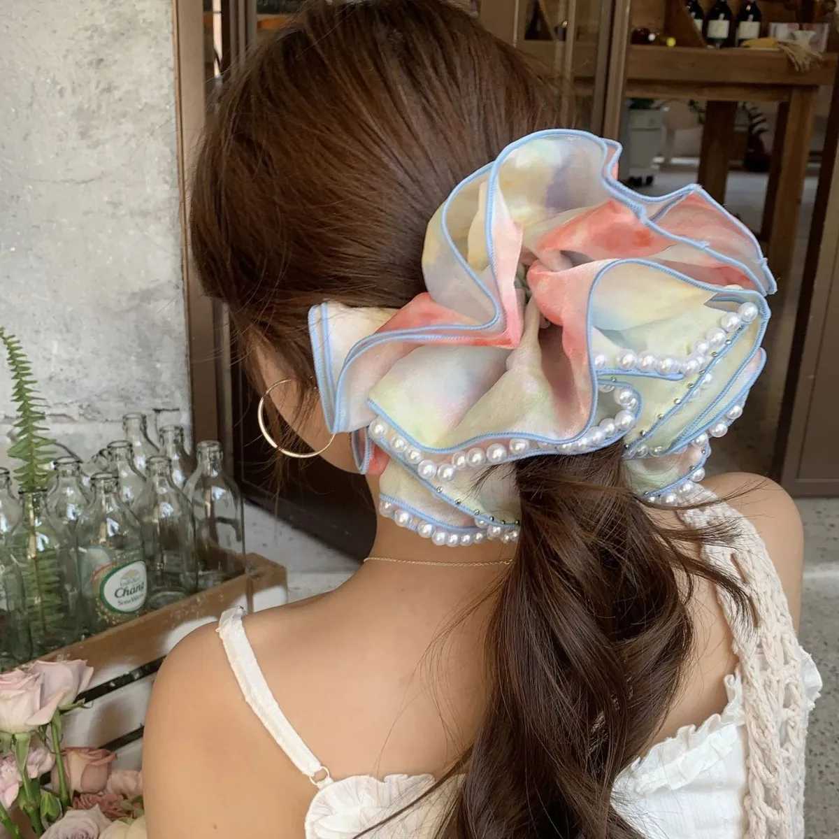 Girls Scrunchies Korean Version Rainbow Pearl Large Hair Band Sweet Style Hair Tie Pleated Twisted Hair Band Bow Cute Hair Clip H260319