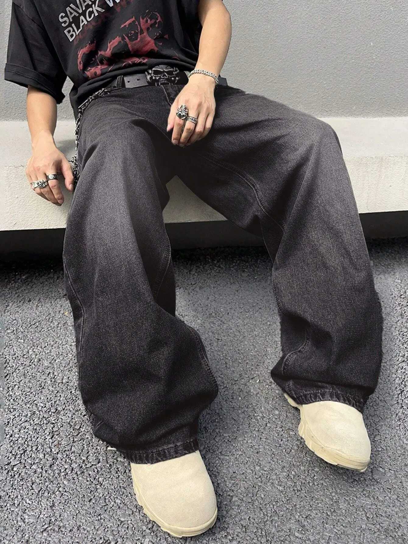 1Pc Mens Daily Travel Casual American Street Loose Jeans Black Light Blue Sea Blue Fashion Street Style Retro Lantern Jeans Denim Pants M260319