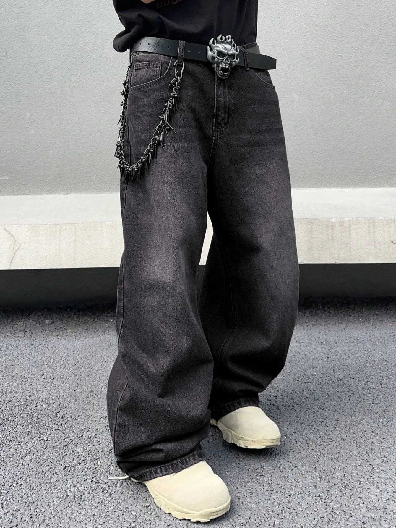 1Pc Mens Daily Travel Casual American Street Loose Jeans Black Light Blue Sea Blue Fashion Street Style Retro Lantern Jeans Denim Pants M260319