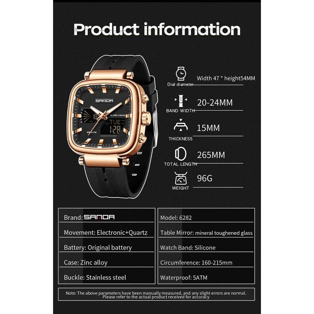 Fashion SANDA New 6282 Luxury Dual Monitor Sports Waterproof Night Light Men's Electronic Watch