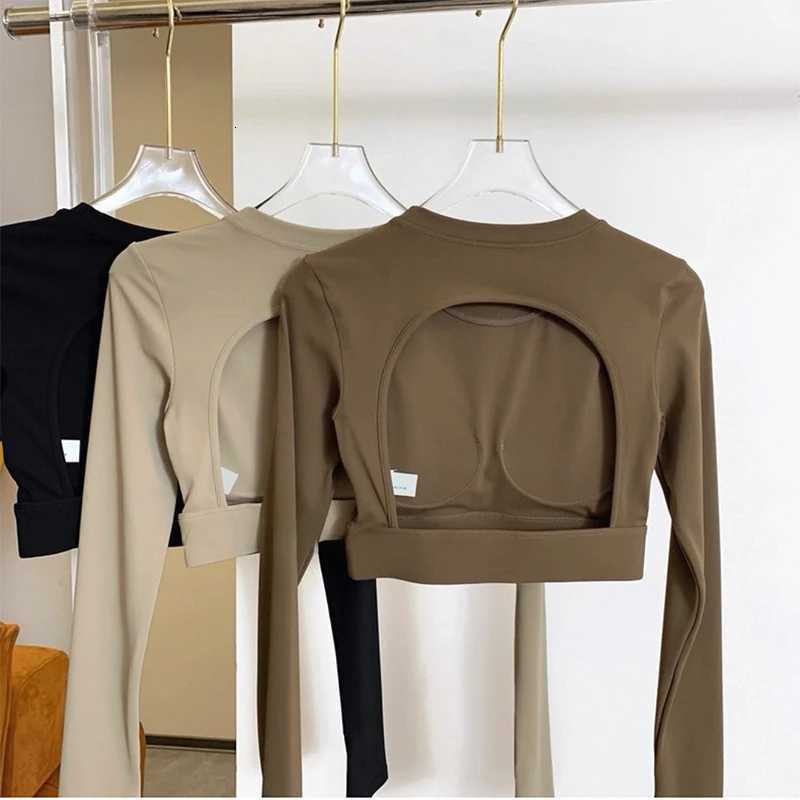 Womens Sexy Backless Long Sleeve Yoga Top Tight Fit Pilates Training Top with Chest Pads for Autumn Winter Z20260319