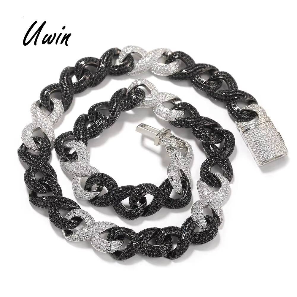 UWIN 2026 New Arrival 15mm Infinity Two Tone CZ Snake Chain Stylish Black and White Pave Diamond Circular Link Cuban Necklace