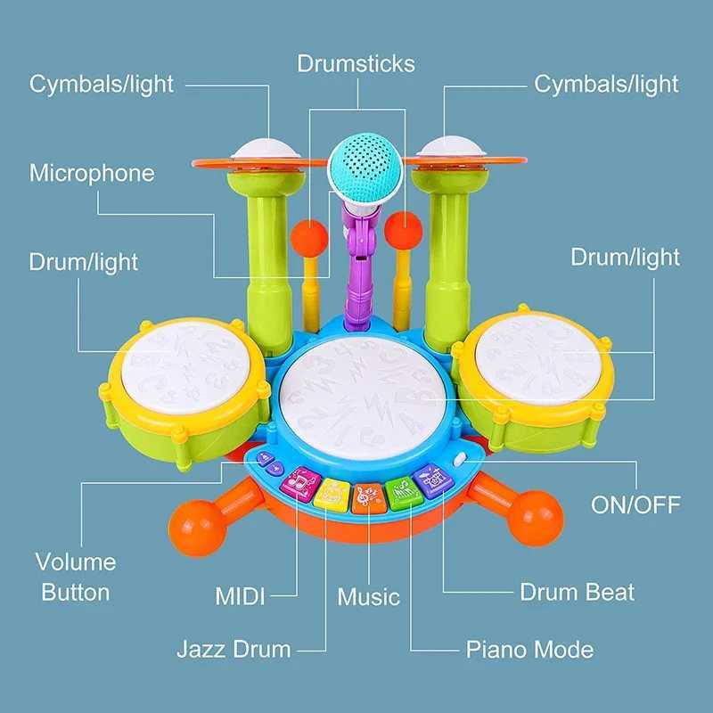 Musical Instruments Children Jazz Drums Electric Light Cool Music Drum Kit Percussion Sound Maker Baby Early Education Toys Gift Y260319
