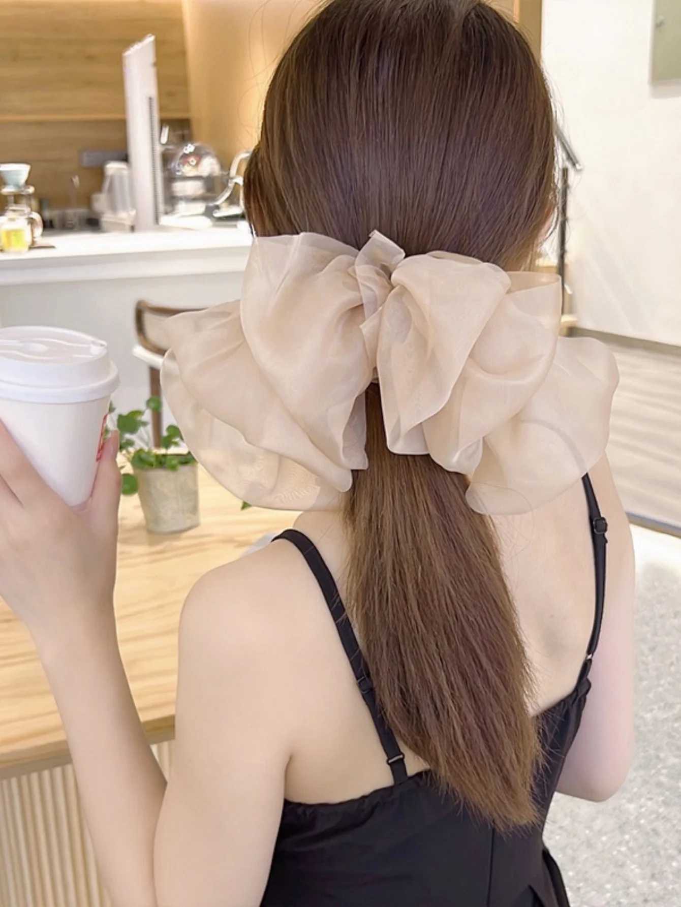 1 Piece Chiffon Large Bow Hair Clip with Long Ribbon Solid Color Soft Mesh Fabric Womens Hair Accessory H260319