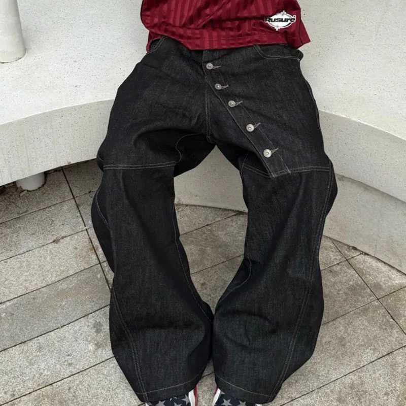 Korean High Street Buckle Curved Jeans Autumn MenS Loose Straight Leg Pants Black Wide Leg Pants Casual Pants Hip-Hop Pants M260319