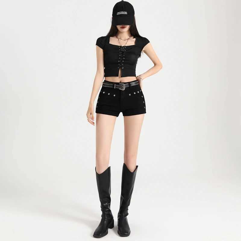 Hip Enhancing Tight Denim Super Short Shorts Women Low Rise Studded Slim Hot M260319