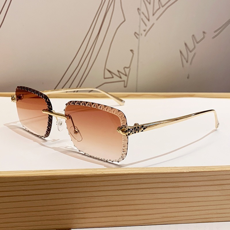 Brand Designer European And American New Leopard Head Frameless Sunglasses For Women, Light Luxury Style, Metal Square Floral Lens Fashion Sun