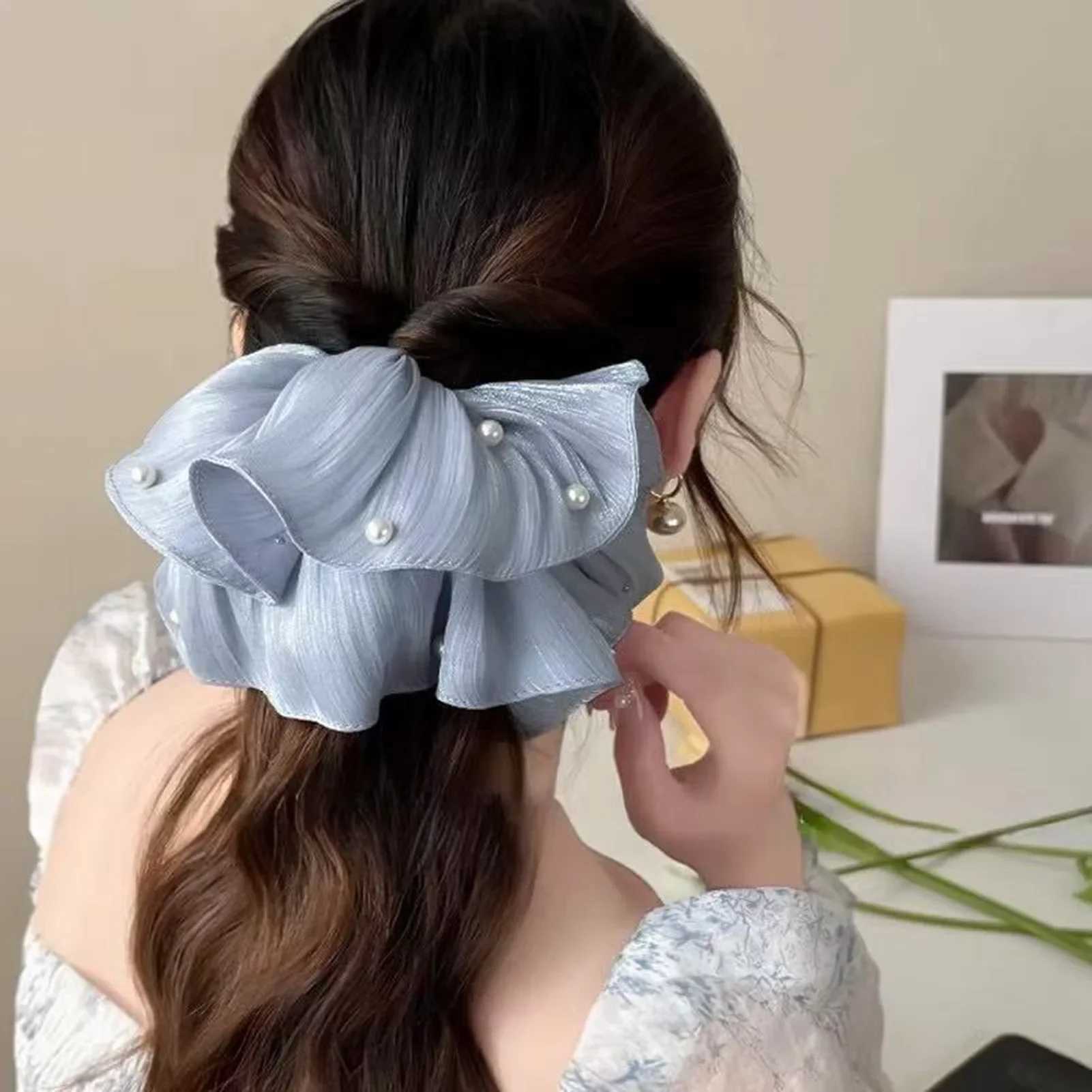 Sweety Romantic Gauze Hair Rope For Women Flowing Gauze Pearl Large Intestine Hair Ring Girls Fashion Elegant Hair Accessories H260319