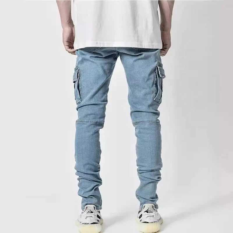 Men Street Elastic Denim Jeans Wash Solid Color Multi Pockets Cargo Pants Casual Slim Fit Daily Wear Joggers Mid Waist Trousers M260319