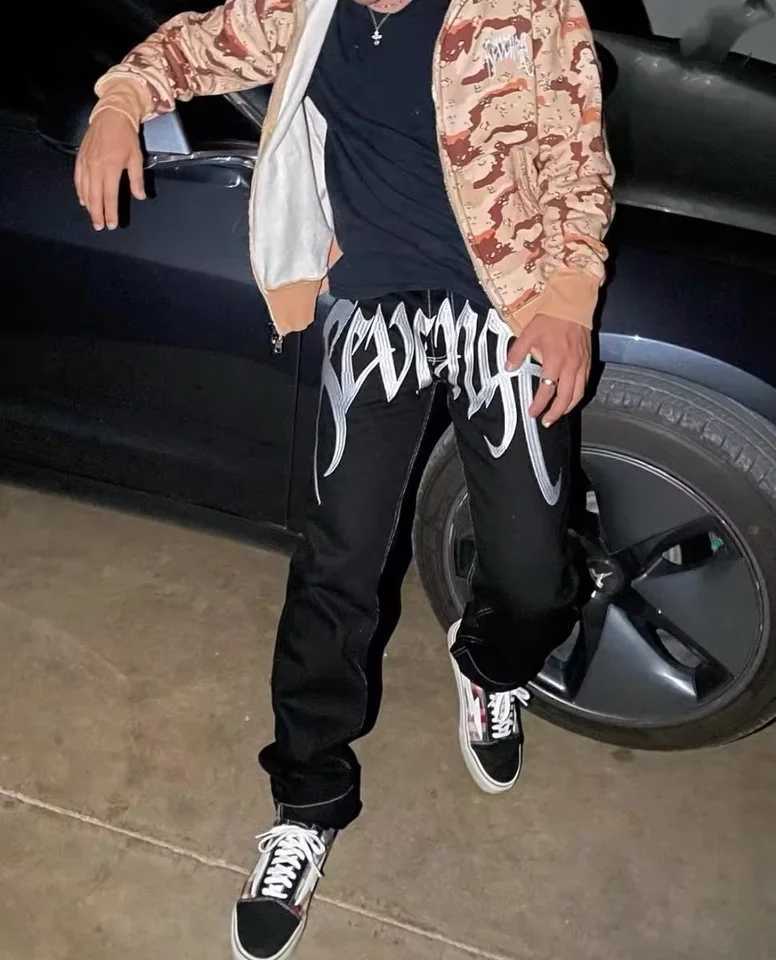 American-Style Streetwear Washed Vintage Lettered Jeans for Men Spring and Autumn Straight Loose Fit European and American High Street Style Long Pant