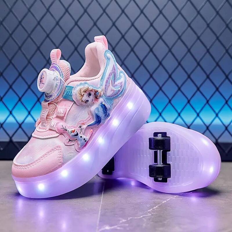 Designer Disney Kids'casual Shoes Roller Skate Shoes Led Light Cartoon Princess PU Leather For Children Blue Pink Shoes Size 28-37 Luxury