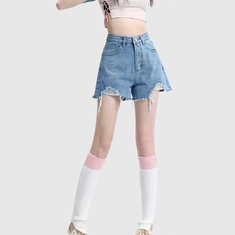 Summer Lady Korean Ins Fashion Jeans Girls Designer High Waist Thin Short Pants Female Chic Ripped Solid Denim Shorts M260319