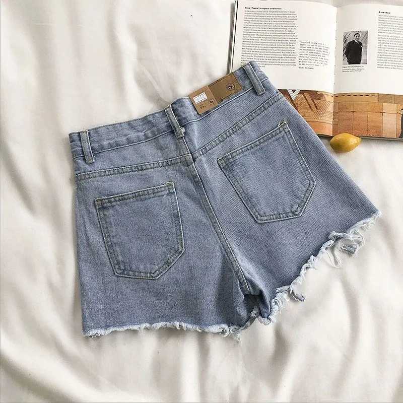 Korean Denim Shorts Women Summer Fashion Casual High Waist Ripped Jeans Pocket Tassel Y2K Hot Pants Streetwear Blue Trousers M260319