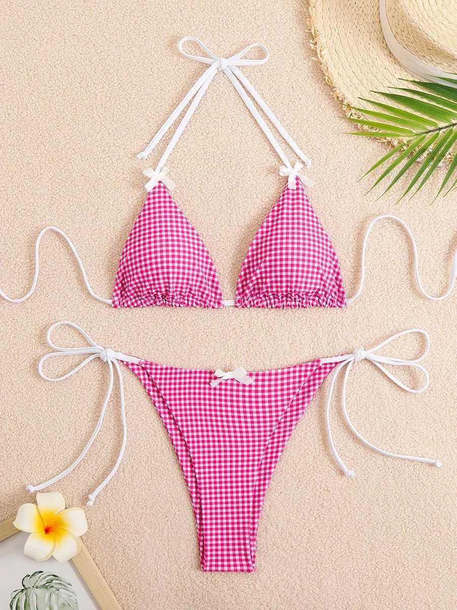 Sexy Bikini Womens Swimsuit Butterfly Decor Checked Swimwear 2026 Halter Thong Bikinis Sets Swimming for Beachwear Bathing SuitT260318
