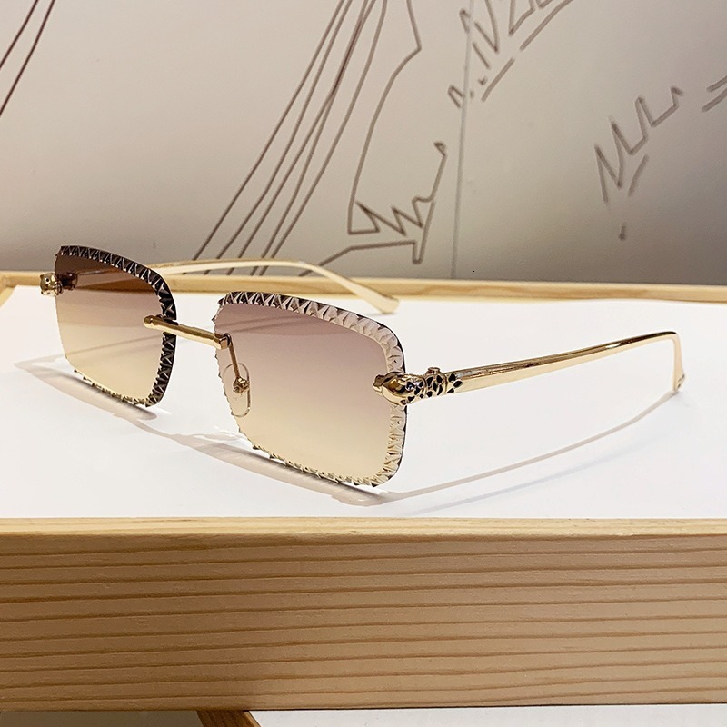 Brand Designer European And American New Leopard Head Frameless Sunglasses For Women, Light Luxury Style, Metal Square Floral Lens Fashion Sun
