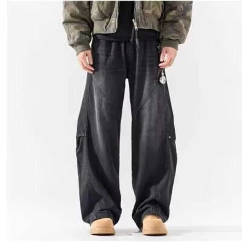 Men Fashion Retro Smoke Grey Elastic Waist Jeans Classic American Style Straight Leg Loose Male Denim Pants Wide Leg Trousers M260319