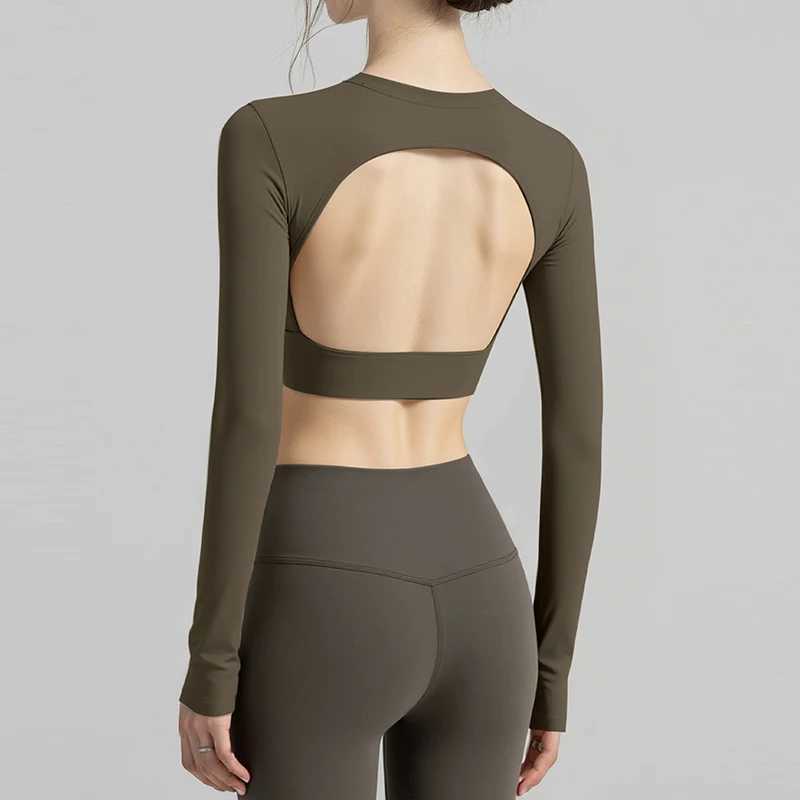 Womens Sexy Backless Long Sleeve Yoga Top Tight Fit Pilates Training Top with Chest Pads for Autumn Winter Z20260319