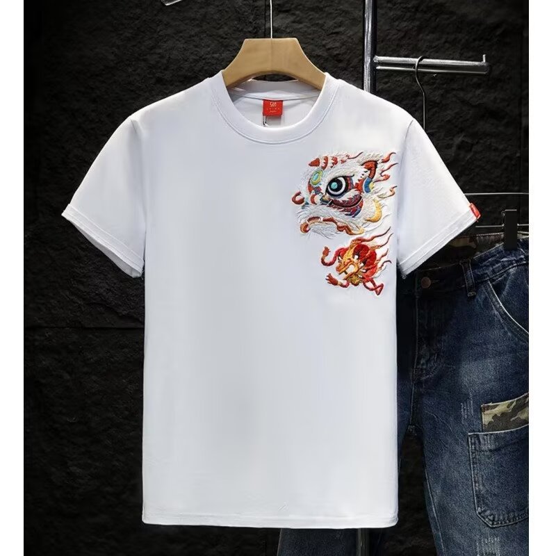 Pure Cotton ort Sve T-irt Men's Summer Chinese Style New round Ne Loose Casual Match All Cotton Embroidery Lion Print Tee