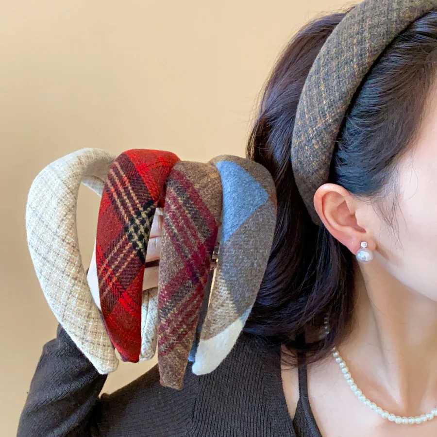 Vintage Checkered Fabric Flannel Headbands for Women Simple Wide Design Hair Hoop Casual Daily Hair Accessories Christmas M H260319