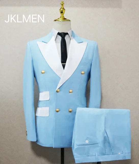Costumes Pour Hommes Light Blue Smoking Jacket Pants Gold Buttons Party Tuxedo Dress Double Breasted Men Suits For Wedding Groom 260319