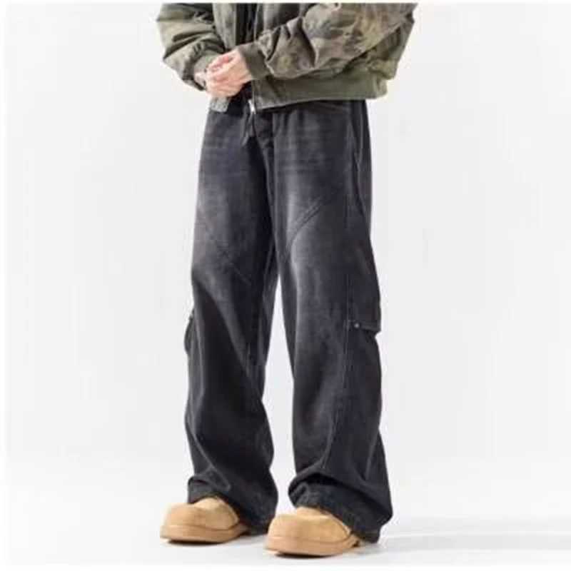 Men Fashion Retro Smoke Grey Elastic Waist Jeans Classic American Style Straight Leg Loose Male Denim Pants Wide Leg Trousers M260319