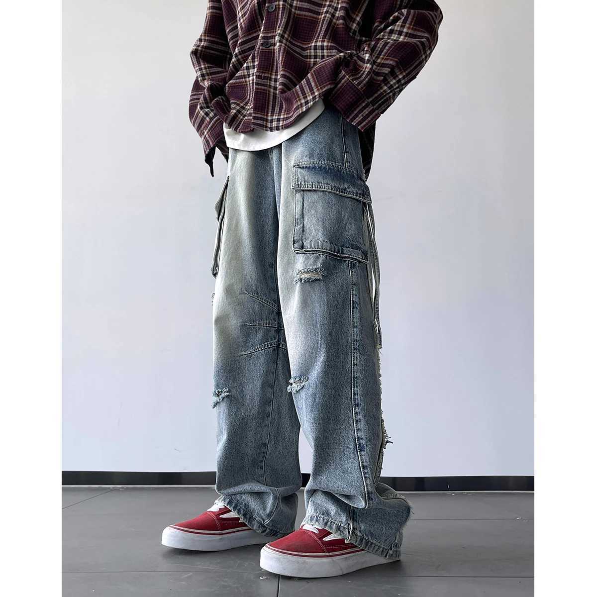 Cargo jeans men Autumn NEW Fashion Burrs Vintage Blue Streetwear Casual Denim Pants Unisex Hip Hop Patchwork Jean Pants M260319