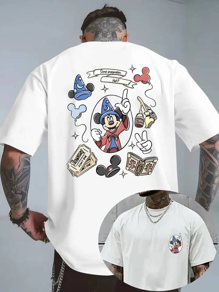 Summer Men's Disney Mickey Mouse Pattern T-Shirt Daily Leisure and Theme Activities Wear Unisex Cotton Short Sleeve Oversized