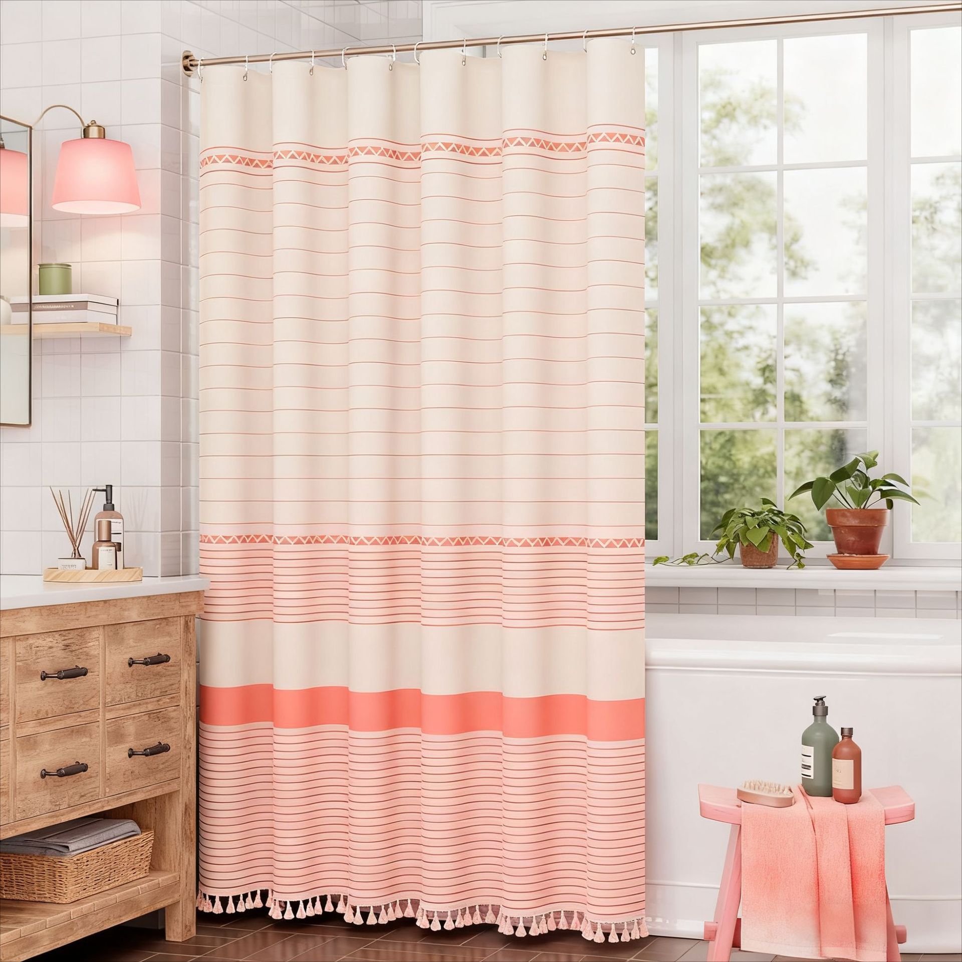 YL-38371 Printed Bamboo Striped Simple Tassel Bathroom Curtain, Waterproof and Thickened, Bathroom Partition Curtain