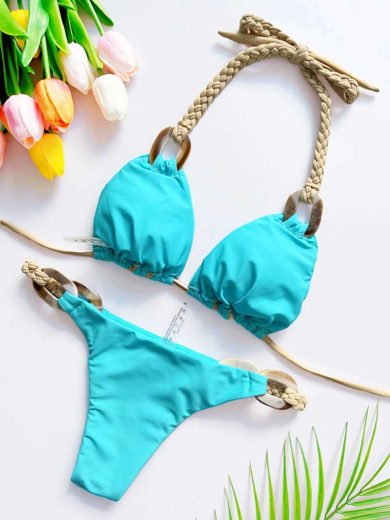 Weave triangle swimsuit lady biquinis Brazilian women bikini ring sexy bathing suit 2025 two pieces suits Halter micro swimwearT260318