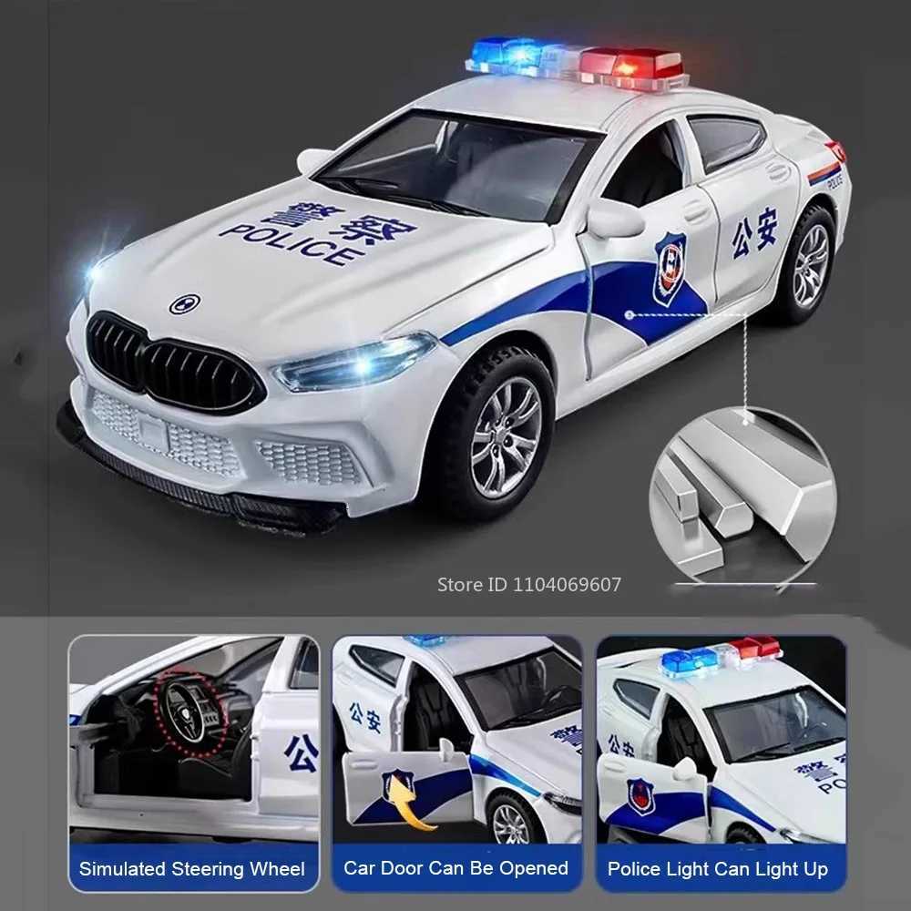 132 M8 Mini Police Car Toy Models Alloy Diecast Sound Light Pull Back 4 Doors Opened Rubber Tires Festival Vehicle Toys Gifts Y260319