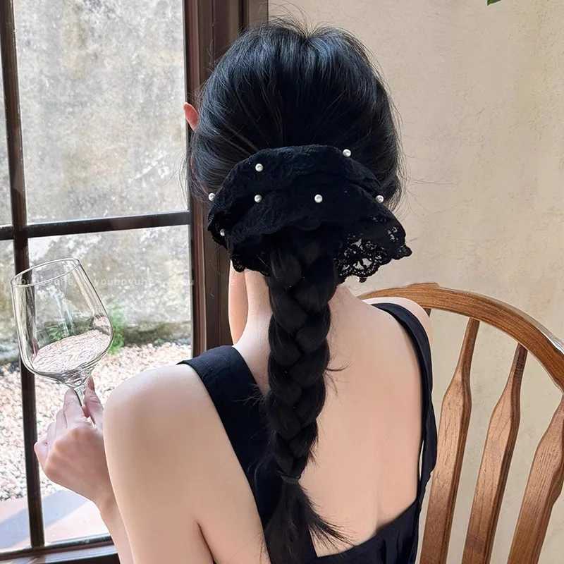 Sweet Solid Lace Pearl large Intestine Scrunchie For Women Girls Elegant Hair Tie Elastic Hair Band Rubber Band Hair Accessories H260319