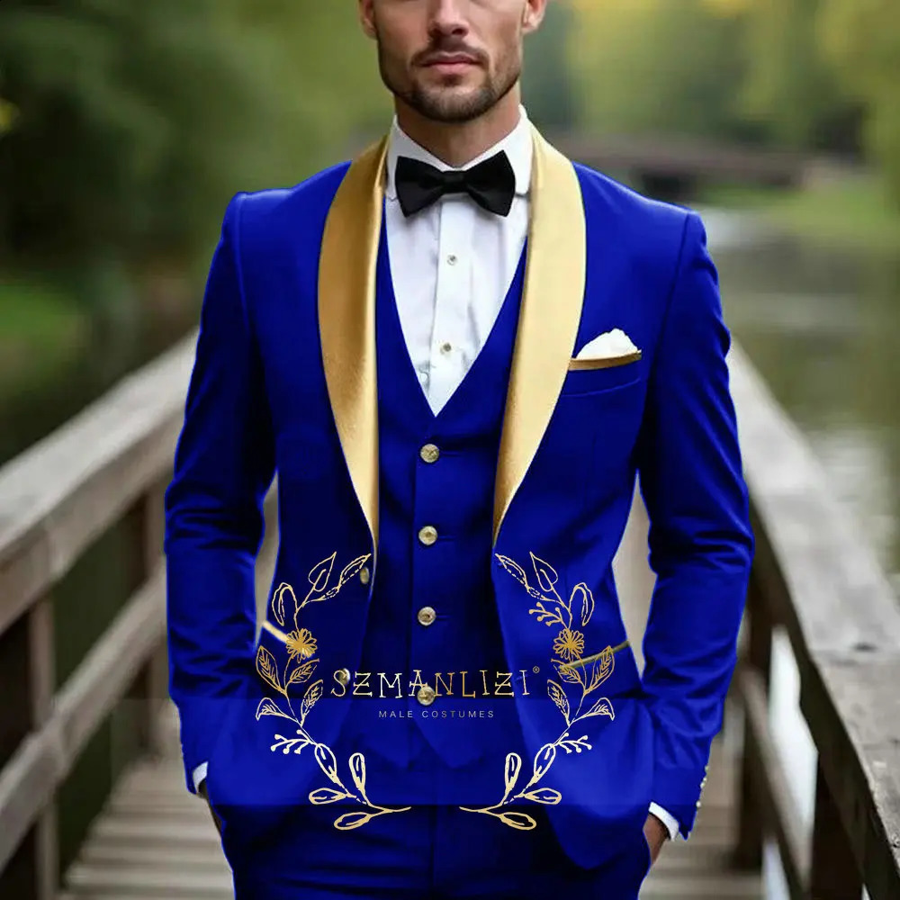 Oil Green Men Suit Business Tuxedo Formal Gold Satin Lapel Groom Groomsman Wedding Party Prom Male 3 Piece Set Blazer Vest Pants 260319