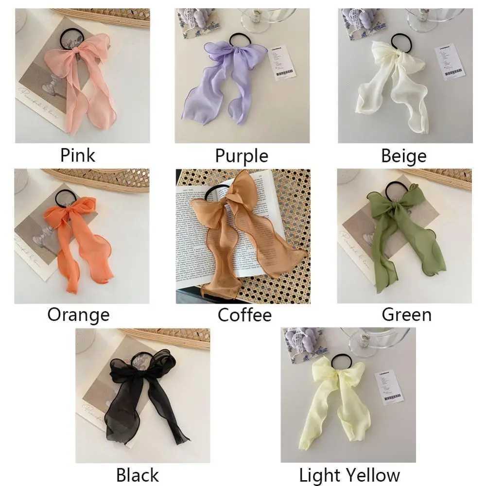 Summer Solid Color Lace Yarn Ribbon Hair Scrunchies Women Bow Elastic Hair Rope Ponytail Holder Girls Hair Ties Accessories H260319