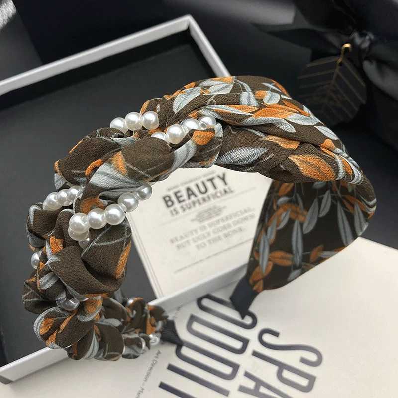 Colorful printed hair clip pearl wrapped high skull headband versatile wide edge compression headband for external wear H260319