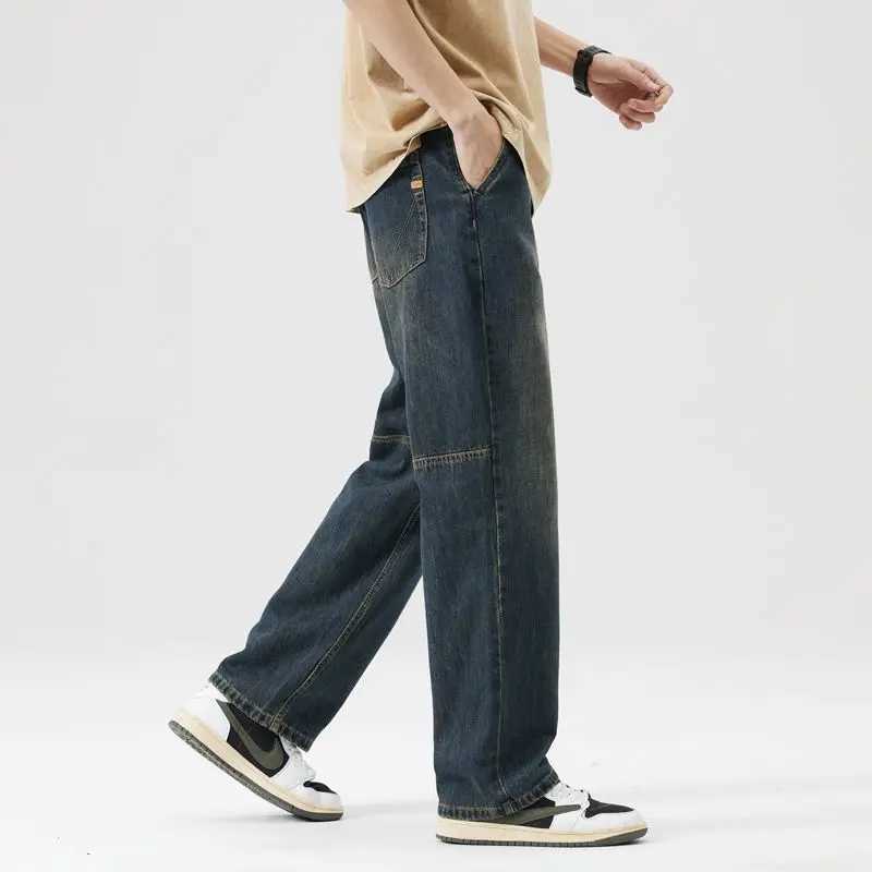 Jeans Fashionable Splicing Design Straight Wide-leg Pants Korean RETRO Street Baggy Denim Trousers Mens Baggy Pants M260319