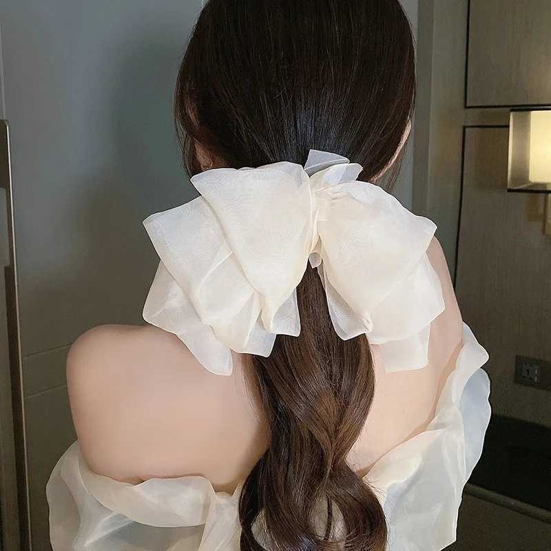 Black Beige Khaki Oversize Bow Hairpin for Women Cute Net Yarn Bowknot Ribbon Clip Hair Clip Korean Chiffon Hair Accessories H260319