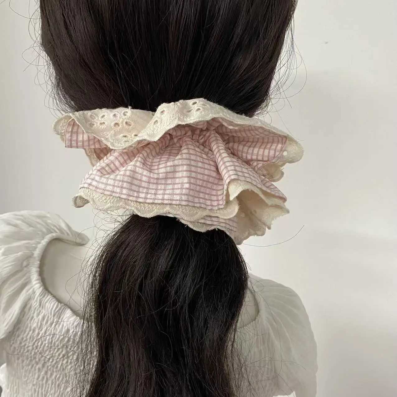 Pink fresh and sweet plaid lace four-layer large intestine scrunchie Gentle girl sweet lady daily hair accessory H260319