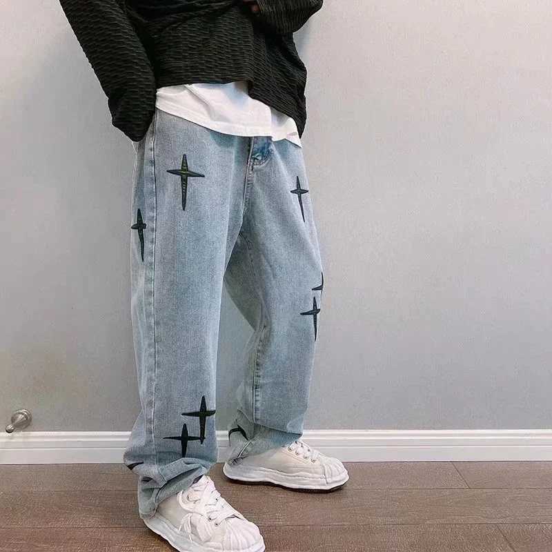 Mens Trendy Cool Style 2024 Blue Denim Pants Baggy Wide Leg Streetwear Trousers Cross Star Sticker Embroidery Design Jeans Male a01 M260319