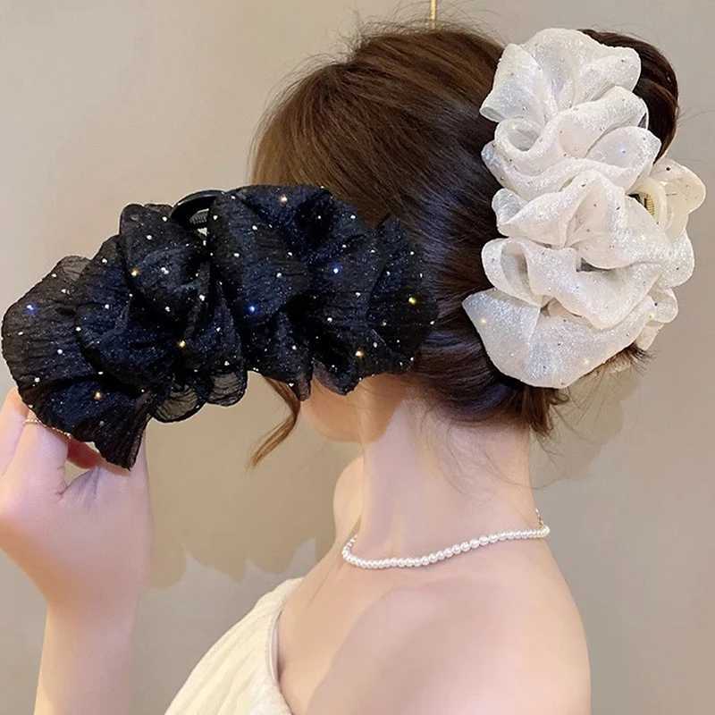 New Summer Sweet Mesh Tulle Star Bubble Hair Claw Clips For Women Solid Ponytail Clip Headdress Accessories H260319