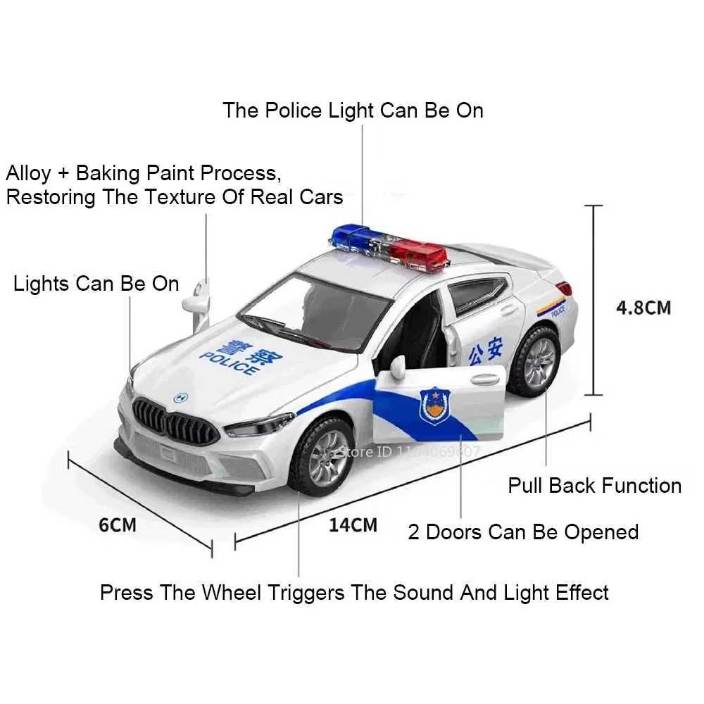132 M8 Mini Police Car Toy Models Alloy Diecast Sound Light Pull Back 4 Doors Opened Rubber Tires Festival Vehicle Toys Gifts Y260319