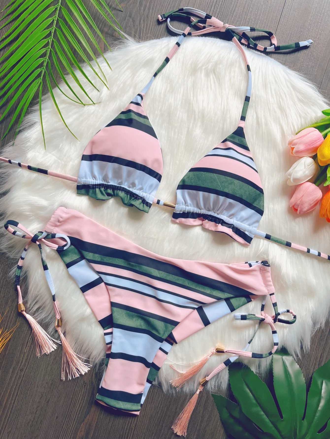 Striped print womens sexy bikini swimsuit split set with straps and tassels 2-piece set summer beach swimsuitT260318
