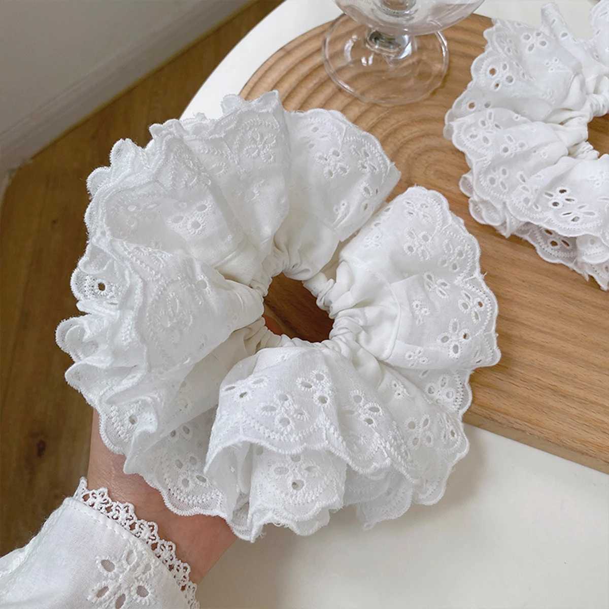 A pure cotton lace hair band a cute white hair tie and a French hollow double-layer large intestine band for women H260319