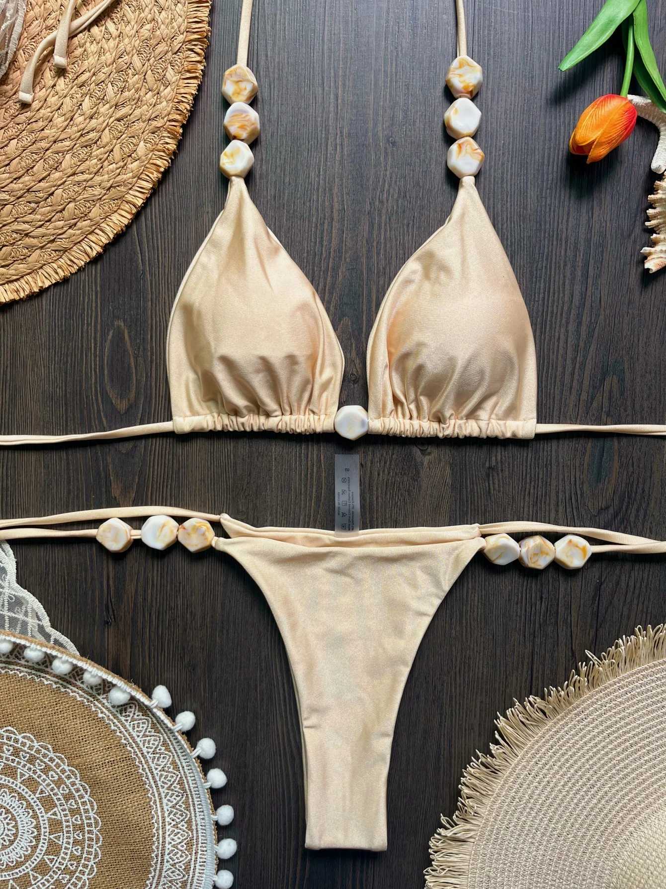 2025 Sexy Bead Bikini Swimwear Women Halter Bikini Swimsuit Beach Halter V Neck Bikini Set Beachwear Summer Bathing SuitT260318