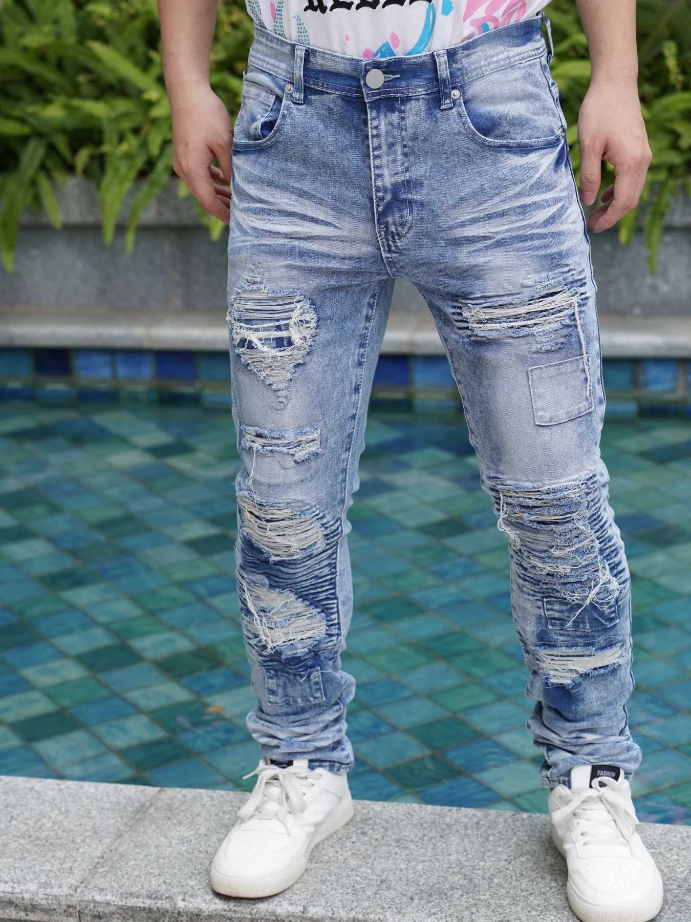 MenS Wide Leg Jeans Distressed And Patched Style New Arrivals For Summer Breathable And Cool Promotion With Free Shipping M260319