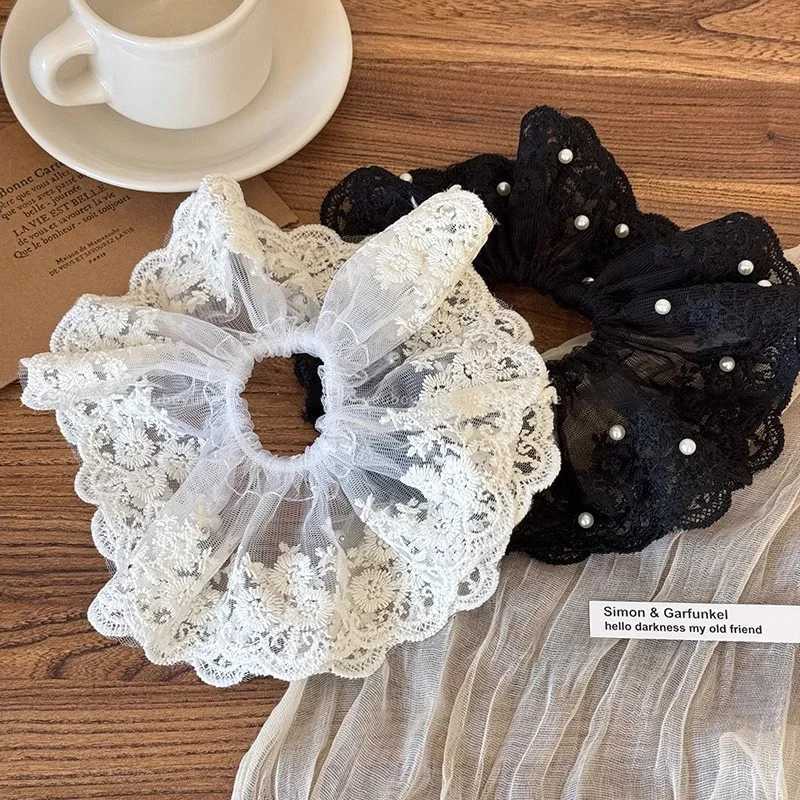 Sweet Solid Lace Pearl large Intestine Scrunchie For Women Girls Elegant Hair Tie Elastic Hair Band Rubber Band Hair Accessories H260319
