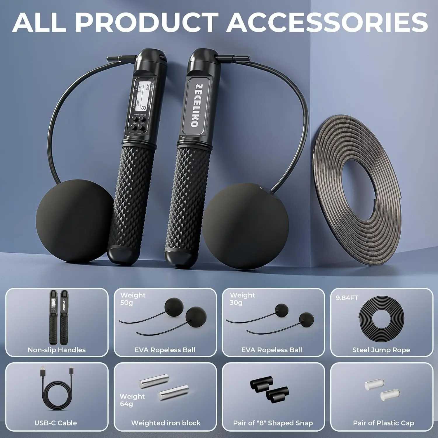 Smart LED Jump Rope with Counter Adjustable Steel Wire for Home Gym HIIT Tracks Jumps Calories Time M260319