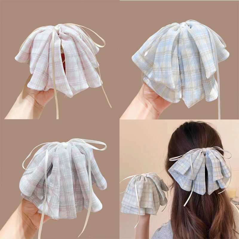 Fabric Mesh Bow Hair Clip for Woman Elegant Temperament Shark Clip Fashion Girl Back of The Head Hair Clamp H260319