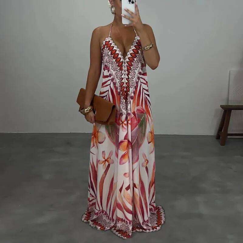 Summer New Deep V Neck Hollow Camisole Woman Fashion Print Loose Swing Long Sexy Lace Up Backless Boho Dress Vestido